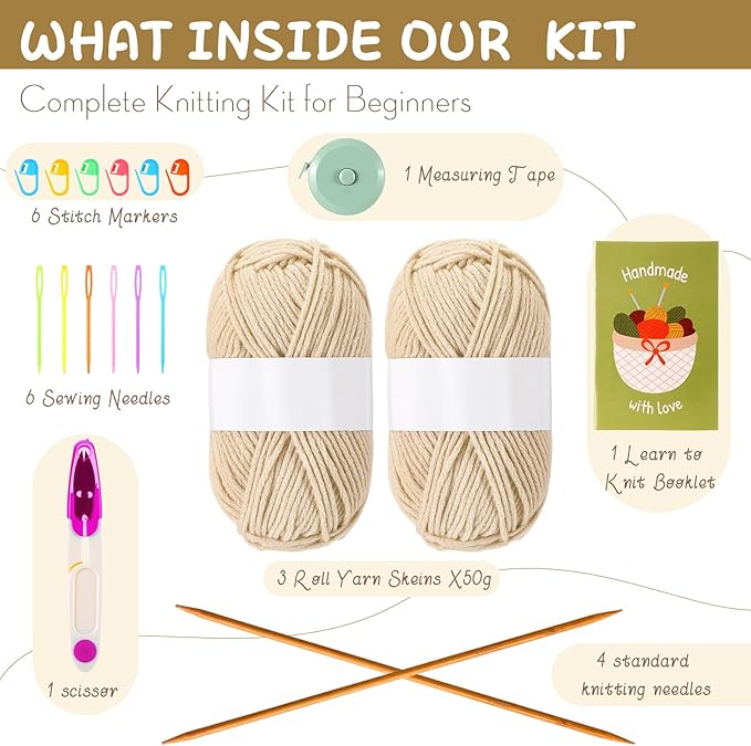 GliCraft Knitting Kit for Beginners Learn to Knit Kit for Adults Gloves Starter Bundle with Step-by-Step Instructions Includes Wool Yarn, Needles & Accessories(Beige)