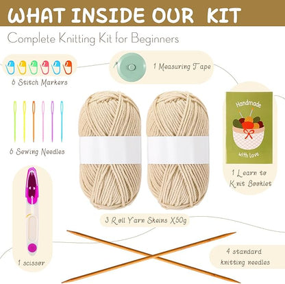 GliCraft Knitting Kit for Beginners Learn to Knit Kit for Adults Gloves Starter Bundle with Step-by-Step Instructions Includes Wool Yarn, Needles & Accessories(Beige)