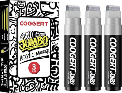 Coogert 3Pcs Silver Jumbo Poster Markers, 15MM Thick Permanent Acrylic Graffiti Markers, Wide Tip Paint Marker for Canvas, Posters Board, Fabric, Window, Glass, Wood, Teachers,Banner painting supplies
