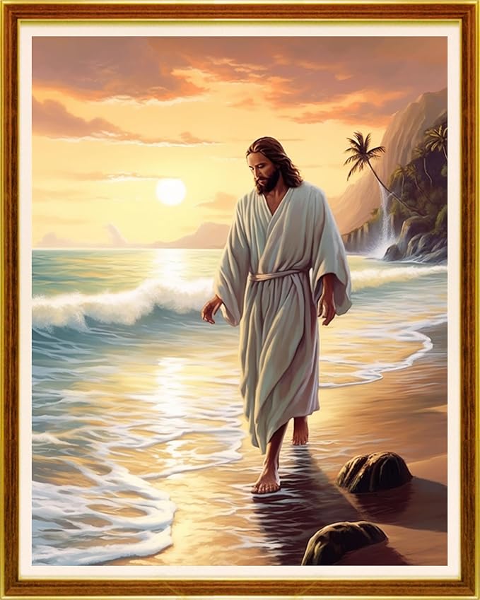 Joycasa Stamped Cross Stitch Kits for Beginners Full Range of Cross Stitching 11 CT Printed Cross Stitch Kit for Adults Cross-Stitch Patterns Needlepoint Kits-Jesus strolls by The Seaside 16x20 inch
