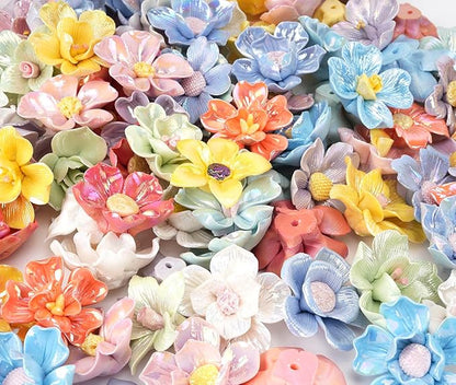 Lanyani 30 Pieces 3D Ceramic Mosaic Flowers for DIY Crafts, Various Shimmering Glaze Iridescent Bloom Petal Shaped Glass Tile for Mosaic Project and Decorations