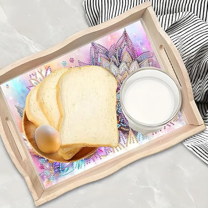 DoxQcs DIY Diamond Art Wooden Food Tray with Handle Diamond Painted Table Decoration Tray for Breakfast Bar Dinner Table Diamonds Art Painting for Beginners-Mandala-1
