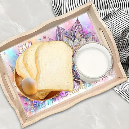 DoxQcs DIY Diamond Art Wooden Food Tray with Handle Diamond Painted Table Decoration Tray for Breakfast Bar Dinner Table Diamonds Art Painting for Beginners-Mandala-1