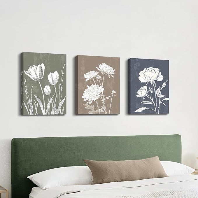 3 Pcs Boho White Flowers Botanical Canvas Wall Art Wooden Rustic Minimalist Farmhouse Floral Wall Paintings Vintage Blossom Picture Artwork Wall Decor for Bedroom Living Room Reay to Hang 12"x16"x3