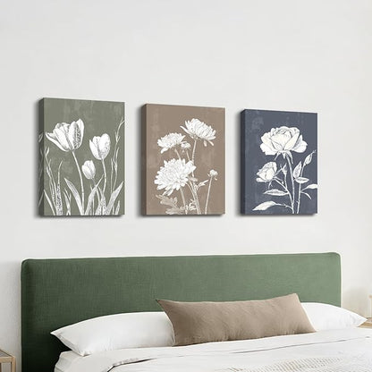 3 Pcs Boho White Flowers Botanical Canvas Wall Art Wooden Rustic Minimalist Farmhouse Floral Wall Paintings Vintage Blossom Picture Artwork Wall Decor for Bedroom Living Room Reay to Hang 12"x16"x3