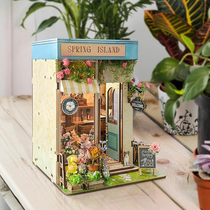 Foyucool DIY Book Nook Kit, Miniature Bookshelf Decor with LED Lights, Laser-Cut Wooden Craft Set for Adults, Creative Gift for Christmas, Birthday, Spring Island