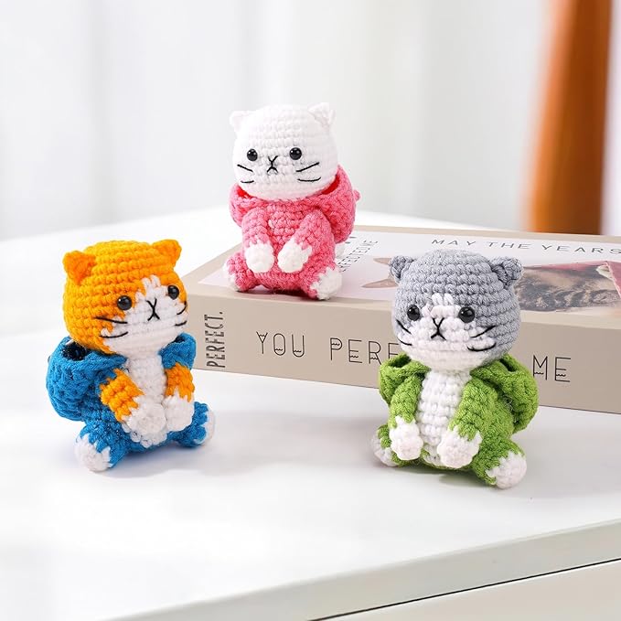 Crochet Kit for Beginners - 3 PCS Crochet Kits with Step-by-Step Video Tutorials, Beginner Crochet Kit for Adults, Crochet Animal Kit for Starters, Cat Dressed as Shark Frog Strawberry
