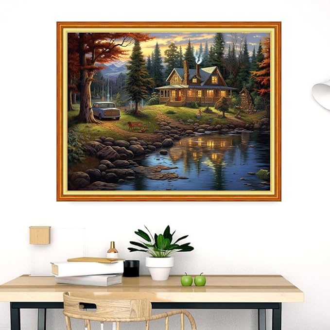 Dooxvey Cross Stitch Kits for Adults Stamped Full Range of Embroidery Starter Kits for Beginners 11CT Printed Cross Stitch Patterns Needlepoint Kits Stamped Crossstitch-Forest Cabin 16x20 inch