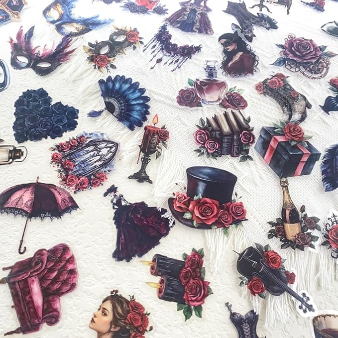 50 Pcs Gothic Masquerade Scrapbook Stickers – Vintage Clear Aesthetic Stickers with Victorian Dresses, Masks, Roses, Corsets, Dark Romance Ephemera for Journaling, Crafts, Laptop, Gift Decoration