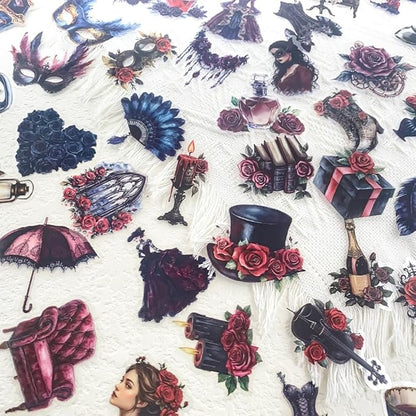 50 Pcs Gothic Masquerade Scrapbook Stickers – Vintage Clear Aesthetic Stickers with Victorian Dresses, Masks, Roses, Corsets, Dark Romance Ephemera for Journaling, Crafts, Laptop, Gift Decoration