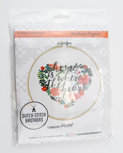 DUTCH STITCH BROTHERS Heart Embroidery Starter Kit with Pattern and Instructions. Stamped Embroidery Kits with Embroidery Clothes with Pattern. 6" Embroidery Hoop