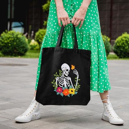 Louise Maelys Helloween Embroidery Kit Canvas Tote Bag for Beginners,Cross Stitch Kits for Adults,DIY Crafts Skull Flowers Pattern,Women Shopping Reusable Grocery Bags