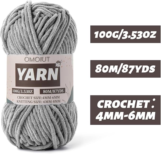 Fluffy Chenille Yarn for Crocheting - Baby Yarn for Crocheting Soft Blanket - 3 Pack of 100g/(87.4yds) Crochet Amigurumi Chunky Yarns - Super Bulky 5 Velvet Yarns (3 Gray)