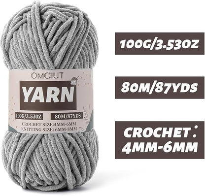 Grey Fluffy Chenille Yarn for Crocheting - Baby Yarn for Crocheting Soft Blanket - (100g/87.4yds) Crochet Amigurumi Chunky Yarns - Super Bulky 5 Velvet Yarns