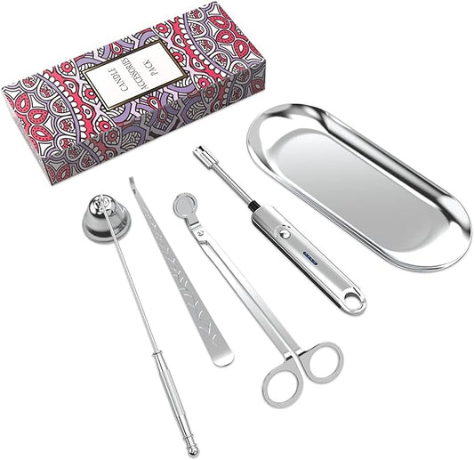 Lsnisni 5Pcs Candle Accessory Set With Rechargeable Electric Lighter, Storage Tray, Wick Trimmer, Snuffer, Dipper - Stainless Steel Care Kit With Gift Package for Candle Lovers - Silver