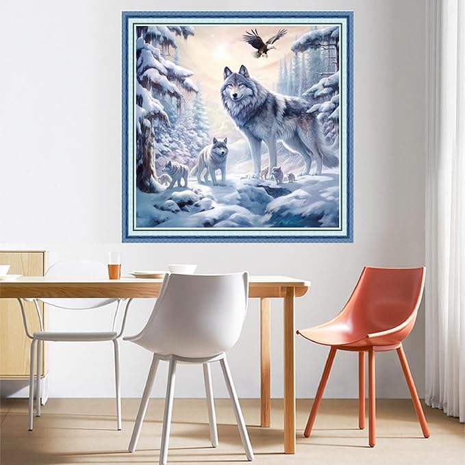 DMCVIVR Stamped Cross Stitch Kits for Beginners Adults Needlepoint Kits for Beginners Embroidery Kits for Adults Crossstitch Kit for Beginners 11CT-Snow Wolf 18x18 inchs