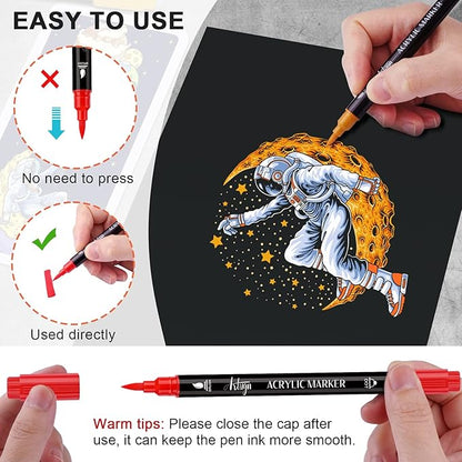 Artugn 36 Colors Acrylic Paint Pens, Dual Tip Pens With Medium Brush Tip, Paint Markers for Rock Painting, Ceramic, Wood, Plastic, Calligraphy, Scrapbooking, Brush Lettering, Card Making, DIY Crafts