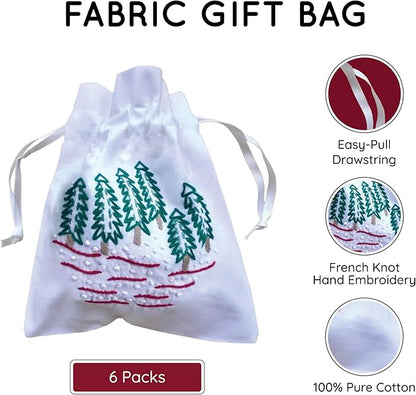 French Knot Embroidery Cotton Drawstring Christmas Gift Bag - Small Reusable Birthday Gift Bag for Girls, Women - Pure Cotton Embroidery Gift Pouch, Pack of 6 (4.5 x6.5 inch) (Single Christmas tree)