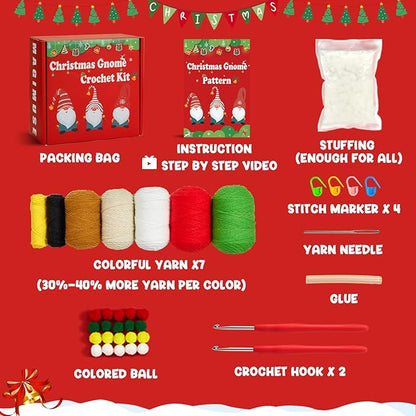 MAGIMUSE Christmas Crochet Kit for Beginners, Crochet Starter Kits for Adults Amigurumi Craft Knitting Crochet Animals Kits with Step-by-Step Video Tutorials, 3 Pack Gnome (40%+ Yarn)