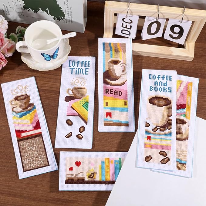 ORIGACH 6 Pcs Cross Stitch Bookmark Kit for Beginner with Backing Felt Floss Instruction Coffee and Books Stamped Embroidery Bookmark Kit for Starters Adults Book Lovers