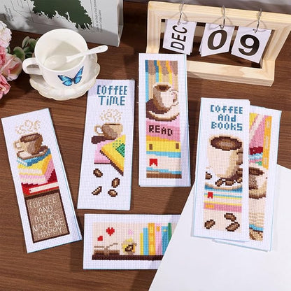 ORIGACH 6 Pcs Cross Stitch Bookmark Kit for Beginner with Backing Felt Floss Instruction Coffee and Books Stamped Embroidery Bookmark Kit for Starters Adults Book Lovers