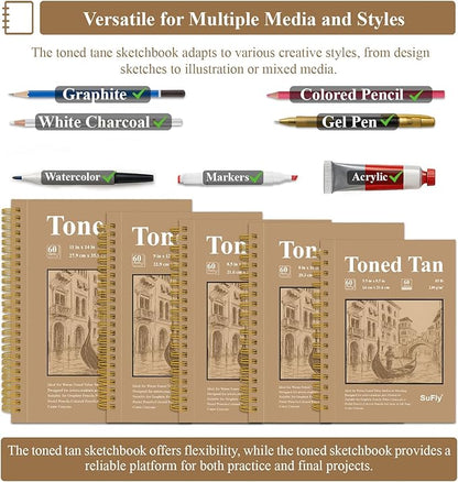 SuFly Toned Tan Sketchbook 9x12 Inches, 60 Sheets - 90lb/150gsm Toned Tan Sketch Paper for Mixed Media, Charcoal, Graphite, Colored Pencils & White Gel Pens, 100% Recycled, Wire-O Bound.