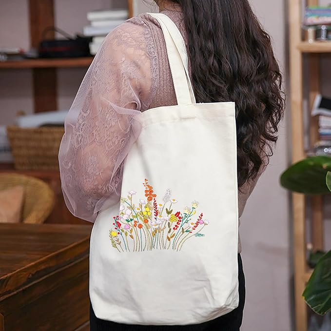 Craftdady Canvas Tote Bag Embroidery Kit White Canvas Bag with Flower Patterns Instructions Embroidery Bag Embroidery Hoops Color Threads and Tool for DIY Beginners