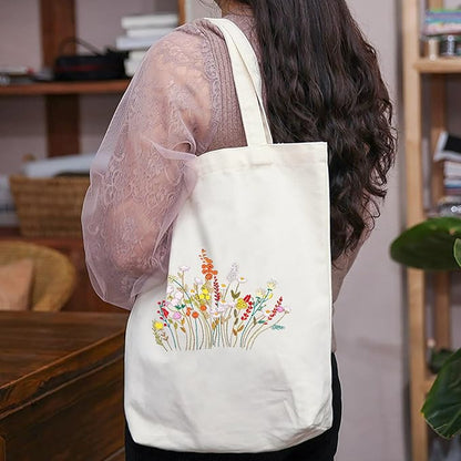 Craftdady Canvas Tote Bag Embroidery Kit White Canvas Bag with Flower Patterns Instructions Embroidery Bag Embroidery Hoops Color Threads and Tool for DIY Beginners