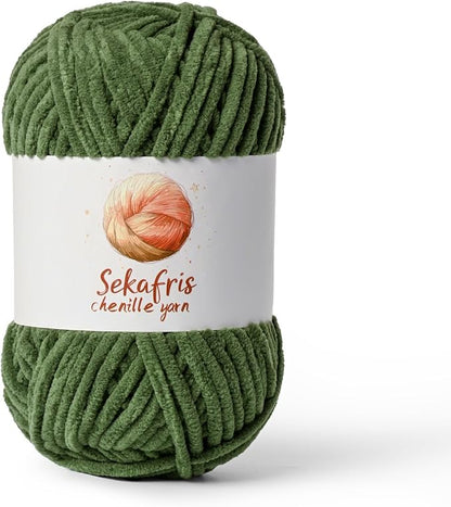 Army Green Chunky Chenille Yarn for Crocheting, Bulky Velvet Yarns for Crochet, Baby Yarn for Crocheting Soft Blanket, 131yds /3.53 oz Fluffy Amigurumi Crochet Yarn