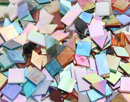 Lanyani Iridescent Glass Mosaic Tiles Bulk, 4-Shapes 700 Pieces Sparkle Iridized Stained Glass Tile for Mosaic Crafts
