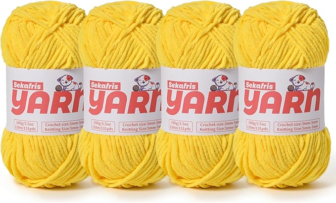 4 Pack Plush Chunky Chenille Yarn for Crocheting, Soft Fluffy Velvet Yarn for Crocheting Amigurumi, Fuzzy Baby Blanket Knitting 400g/524yds Bulky(4 Yellow)