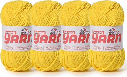 4 Pack Plush Chunky Chenille Yarn for Crocheting, Soft Fluffy Velvet Yarn for Crocheting Amigurumi, Fuzzy Baby Blanket Knitting 400g/524yds Bulky(4 Yellow)
