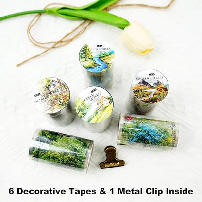 AuriicLeaf Scenery of a Tree PET Tape Set with Clip, 6 Rolls Decorative Landscape Stickers for Scrapbook, Journal and Crafts