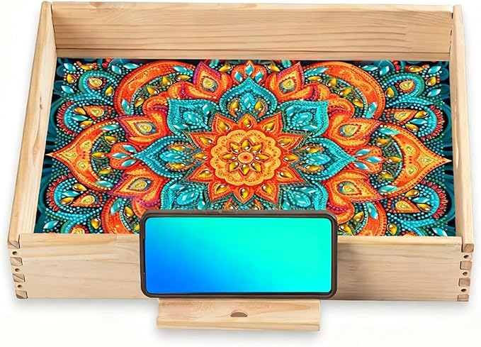 EWJRNSF Diamond Art Kits for Adults Wooden Serving Trays with Handles, 5D Diamond Painting Big Gem Arts and Craft Gifts Trays with Phone Holder Decor Gift Home Decor 12.2x16.1 Inches Mandala