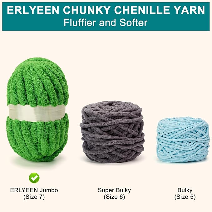 ERLYEEN Chenille Chunky Yarn Super Bulky Soft Thick Fluffy Jumbo Giant Washable Polyester Big Yarn DIY for Arm Knit Blanket Cushion Bed Sofa Home Decor,Green,0.55LB