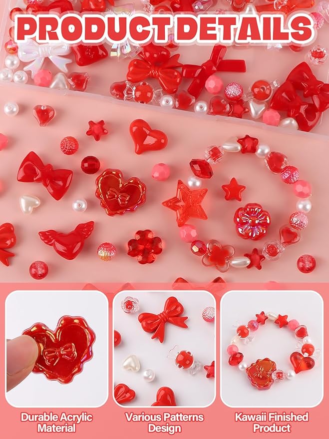 150PCS Christmas Acrylic Pastel Beads for Jewelry Making, Kalolary Colorful Bow Butterfly Flower Kawaii Plastic Candy Heart Cute Macaroon Aesthetic Beads for Bracelet Necklace DIY Supplies (Red)