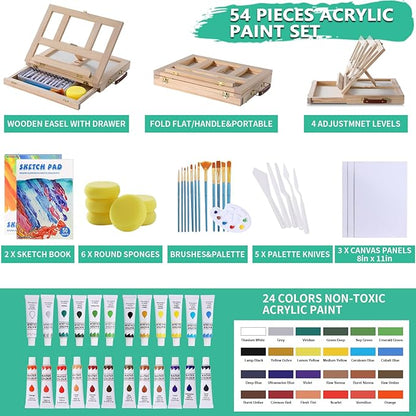 54 Pieces Acrylic Paint Set with Tabletop Easel Stand, Complete Starter Painting Art Supplies with Acrylic Paints, Canvases, Sketch Pads, Brushes and Palette for Beginners Young Artists and Adults