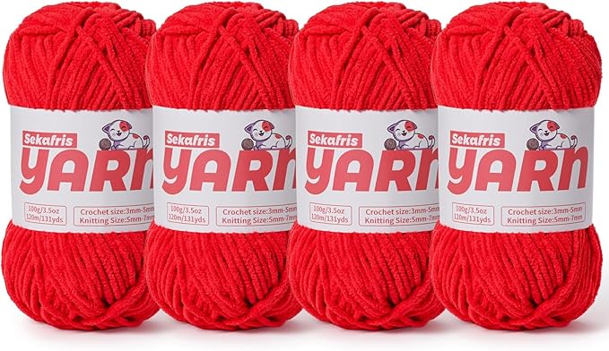 4 Pack Plush Chunky Chenille Yarn for Crocheting, Soft Fluffy Velvet Yarn for Crocheting Amigurumi, Fuzzy Baby Blanket Knitting 400g/524yds Bulky(4 Red)