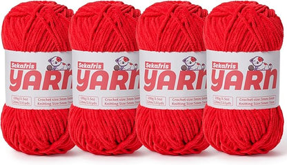 4 Pack Plush Chunky Chenille Yarn for Crocheting, Soft Fluffy Velvet Yarn for Crocheting Amigurumi, Fuzzy Baby Blanket Knitting 400g/524yds Bulky(4 Red)