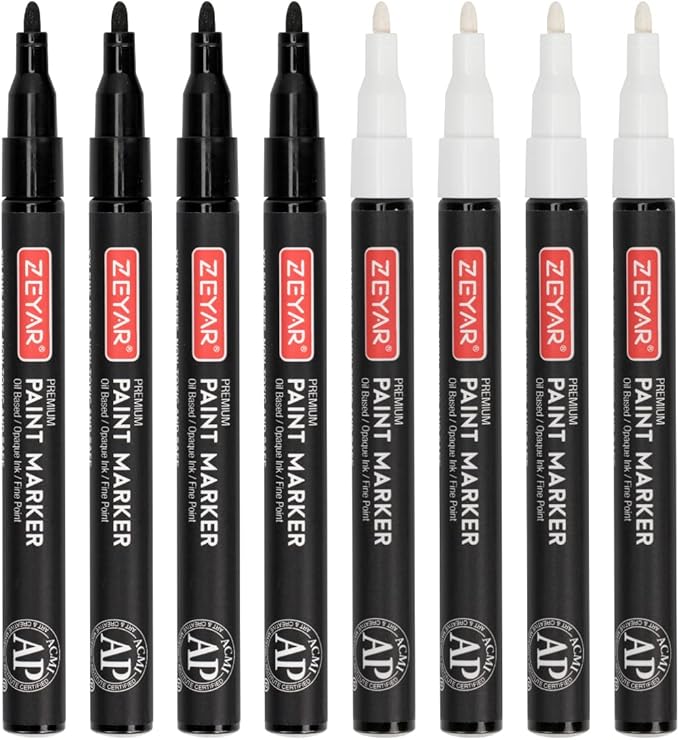 ZEYAR Permanent Oil-Based Paint Markers, Expert of Rock Painting, Black&White Color. Works on Rock, Wood, Glass, Metal, Ceramic and more (4 Black&4 White Fine Point)