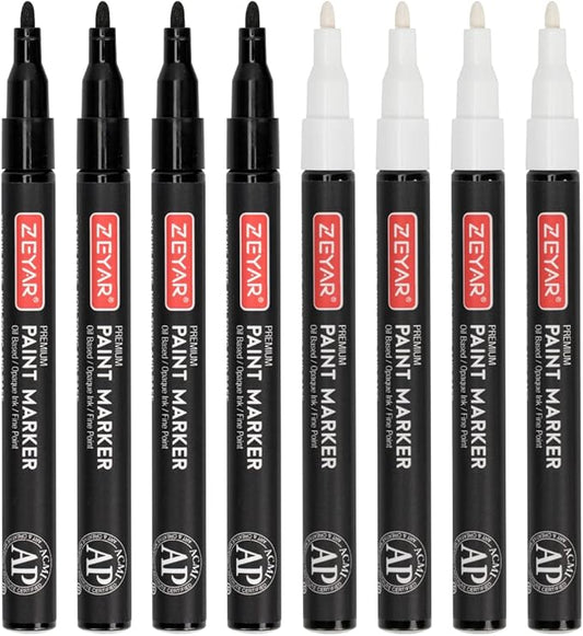 ZEYAR Permanent Oil-Based Paint Markers, Expert of Rock Painting, Black&White Color. Works on Rock, Wood, Glass, Metal, Ceramic and more (4 Black&4 White Fine Point)