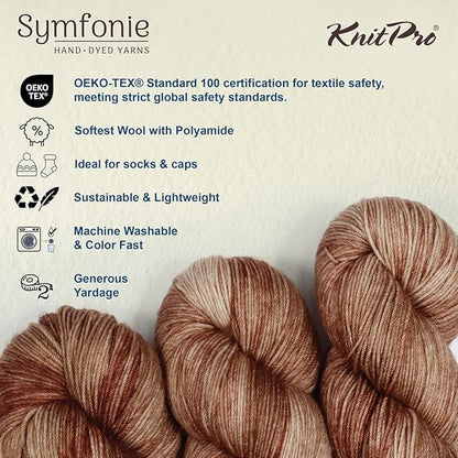 KnitPro Symfonie Hand Dyed Yarn | Extra Fine Merino Wool & Polyamide Blend for Knitting & Crocheting, Fingering Weight, Oeko-TEX Certified 400m, 100g Skein | Terra Variegated Mocha