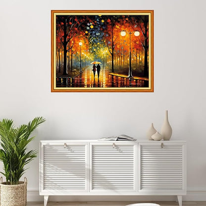 Foxhool Stamped Cross Stitch Kits,11CT Printed Cross Stitch Pattern Full Embroidery Kits for Beginner Needlepoint Kits-Couples Strolling on Rainy Nights 16x20 inchs