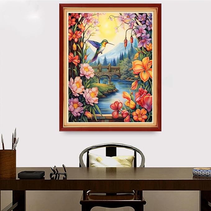 Redxing Stamped Cross Stitch Kits Embroidery kit for Beginners Adults Full Range of Embroidery Patterns Starter Kits DIY Printed Cross Stitch Kits Needlepoint Kits 11CT-Flower Hummingbird 16x20 inch