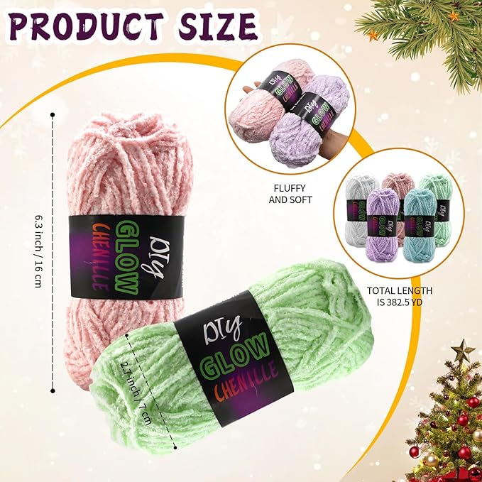 kaidun 5 Rolls Fuzzy Glow in The Dark Chenille Yarn, Soft Cute Luminous Crochet Yarn Glow Sewing Craft DIY Kit for Crocheting & Knitting, Christmas Halloween Decoration Supplies Gift, 76.5 Yard/Roll