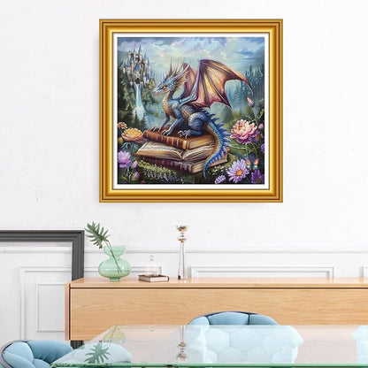 Foxhool Stamped Cross Stitch Kits,11CT Printed Cross Stitch Pattern Full Embroidery Kits for Beginner Needlepoint Kits&Pterosaur Book Castle 18x18 inch