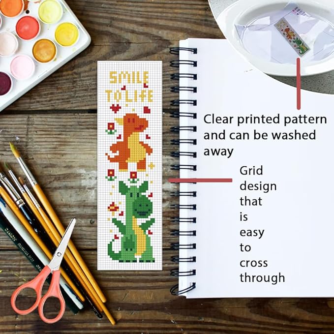 ORIGACH 6 Set Dinosaurs and Aliens Cross Stitch Bookmark Kit for Beginner with Backing Felt Floss Instructions DIY Stamped Embroidery Bookmark Kit for Adults, Book Lovers