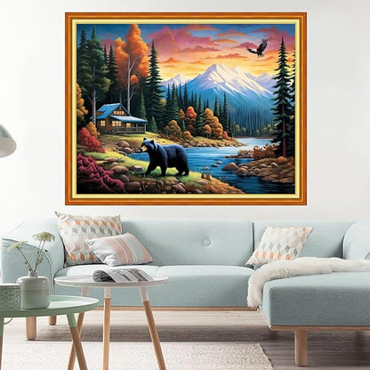 Dimxvean Stamped Cross Stitch Kits,Cross Stitch Kits for Adults Beginners,Embroidery Kits Full Range of Cross Stitch Stamped Kits Needlepoint Kits Cross Stitch Patterns-Black Bear Forest 16x20 inch