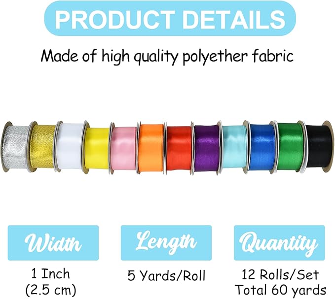 TONIFUL 12 Colors 1 Inch x 60yds Satin Ribbon Rolls Solid Color Fabric Ribbons for Gift Wrapping Invitation Floral Bouquet Hair Bows Craft Party Wedding Birthday Christmas Decoration (5yd/Roll)