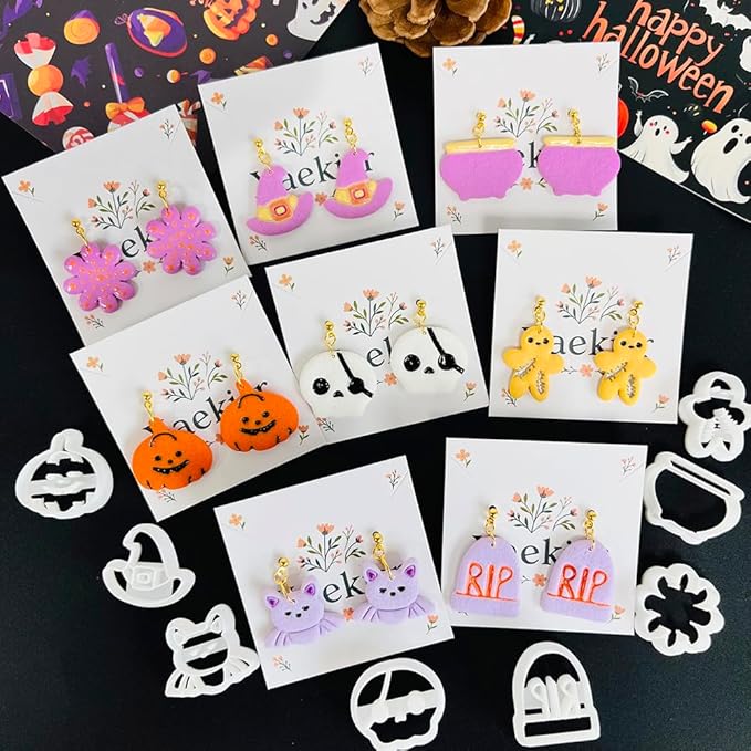 Xaekicr Halloween Polymer Clay Cutters Set – 8Pcs Clay Cutters for Earrings, Pumpkin Skull Witch Hat Molds for DIY Clay Jewelry Making